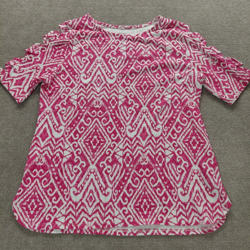 Ruby Rd Women's Top Size M Pink Geometric T-Shirt Criss Cross Cut Out Sleeve